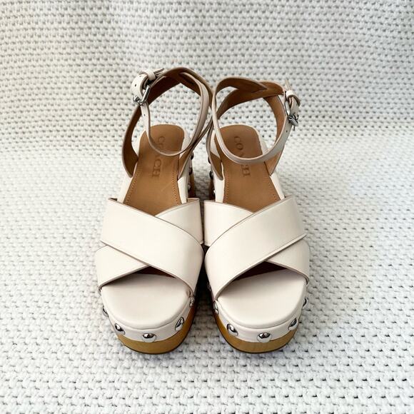 Coach NIB Astor Semi Matte Leather Chalk White Studded Platform Wood Clog Heel 6 - Picture 3 of 11